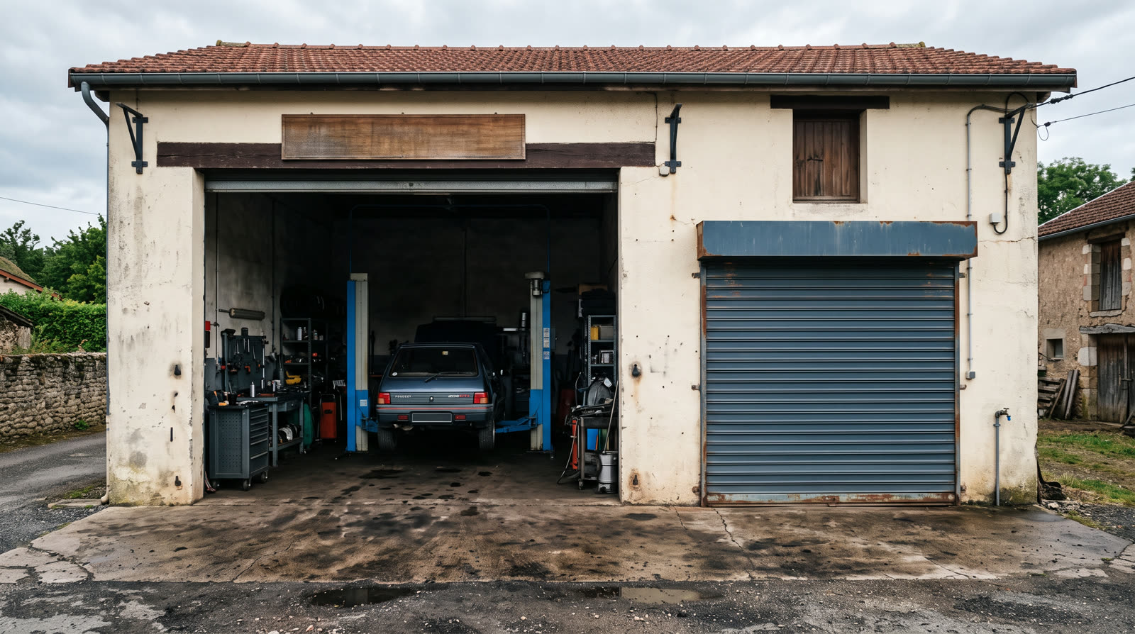 Garage automobile indépendant : baies ouvertes, pont élévateur et atelier — un local mixte dont la catégorie d'évaluation est fréquemment inadaptée.